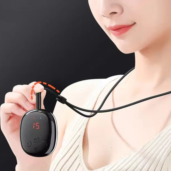 Smart Electric Pendant Neck Massager with Hot Compress being held by a user, showcasing its sleek design and digital display.