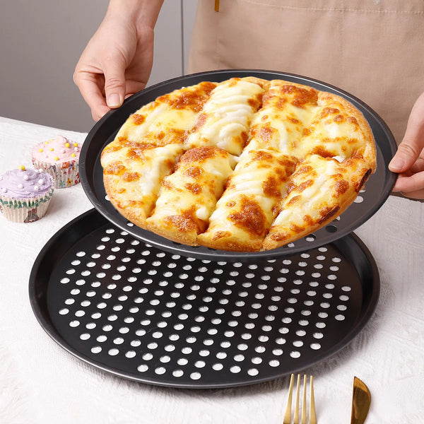 Non-Stick Carbon Steel Baking Cake Mold with freshly baked pizza on top, showcasing its non-stick properties.