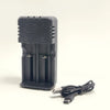 Dual Slot USB Battery Charger with dual slots and USB cable for efficient battery charging.