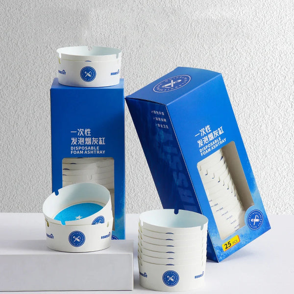 Disposable Ashtray Cups for Home & Office Use packaging and individual cups displayed on a clean surface.