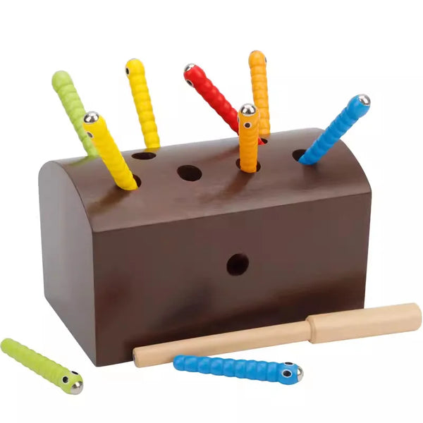 Magnetic Wooden Catching Insects Fishing Toy with colorful insect-shaped pieces and wooden base for playful learning.