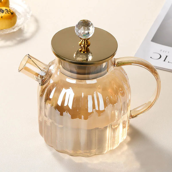 Elegant Large Capacity All-Glass Tea Set featuring a transparent teapot with a gold lid and crystal handle.