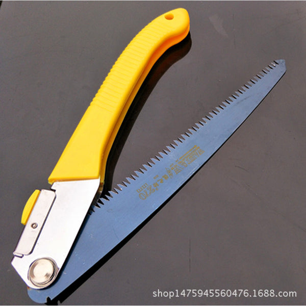 Folding Carbon Steel Garden Pruning Saw with yellow handle and sharp blade for precise outdoor cutting