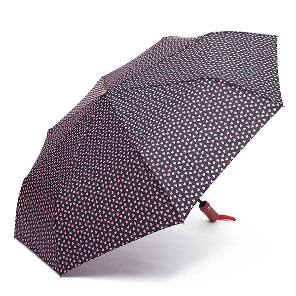 21-Inch Automatic Foldable Windproof Umbrella with heart pattern, perfect for staying dry in any weather.