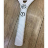 Close-up of Palm Mesh Core Electric Mosquito Swatter handle with smiley face and LED light.