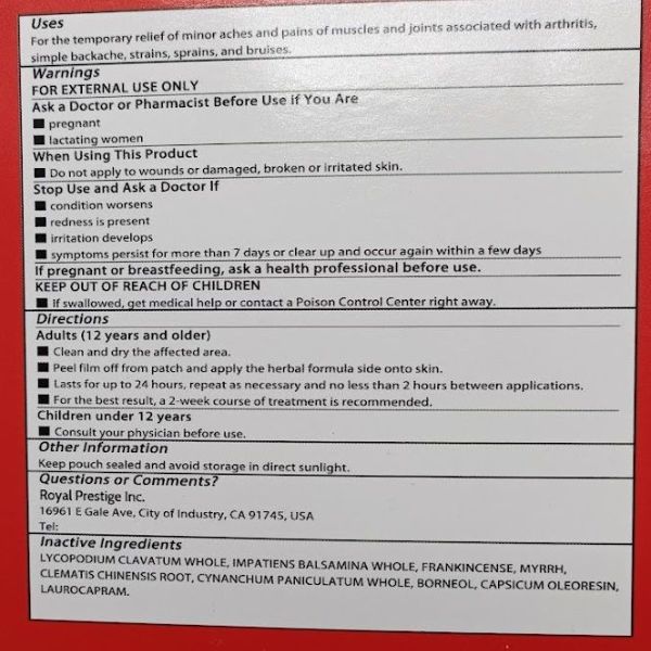 Gout Patch Finger Bunion Toe Pain Relief product usage and warning instructions for localized pain relief.