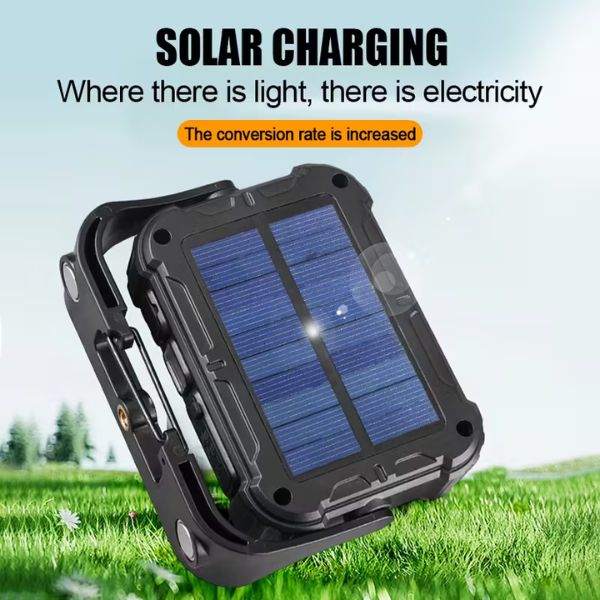 Portable Solar LED COB Work Light showcasing solar charging capabilities and conversion efficiency in a sunny outdoor setting.