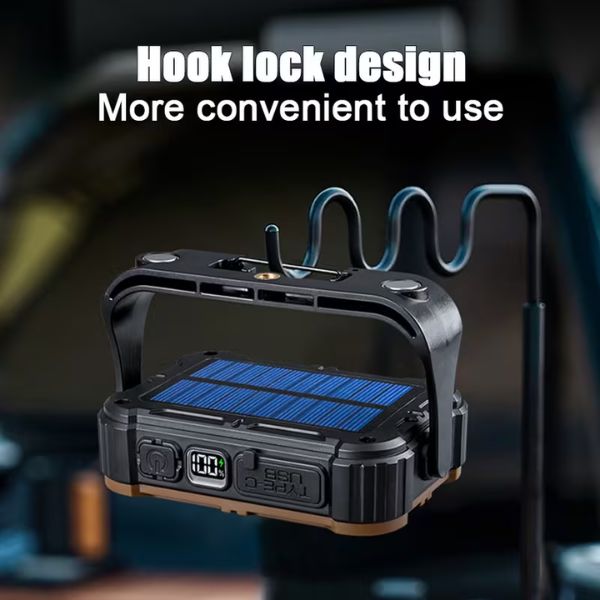 Portable Solar LED COB Work Light with hook lock design for convenient use and solar charging capability.