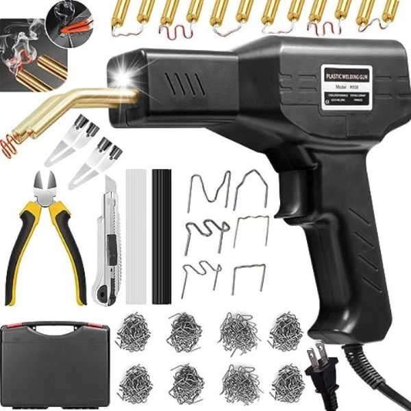 Plastic Welder Hot Stapler Repair Kit including welding gun and various tools for plastic repair.