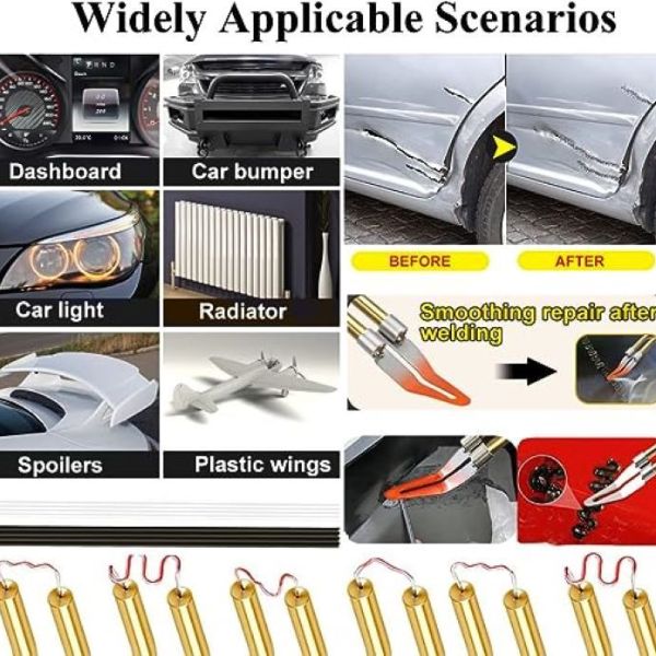 Plastic Welder Hot Stapler Repair Kit used in various scenarios like car bumpers, dashboards, and radiators.