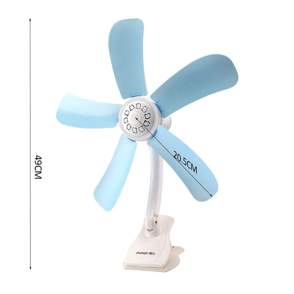 5 Blade Cooling Plastic Handheld Fan with blue blades and compact design, perfect for personal use in small spaces.