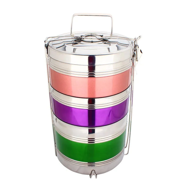 Stainless Steel Single Wall Lunch Box With Lock in vibrant colors stacked for easy transport and eco-friendly meal storage.