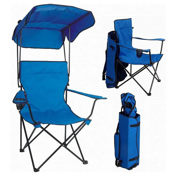 Folding Beach Chair with Sunshade Canopy in blue, showing folded and unfolded positions, ideal for outdoor relaxation.