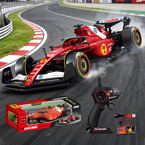 F1 App-Controlled High Speed RC Car on racetrack with controller and packaging, showcasing its racing features.