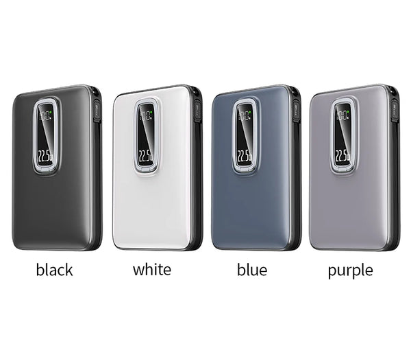 10000mAh Digital Display Wireless Power Bank in black, white, blue, and purple colors showcasing digital battery indicator.
