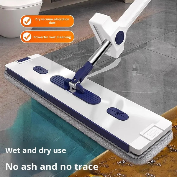 Hand Free Microfiber Mop with Foldable Bucket demonstrating its wet and dry cleaning features on different floor surfaces.