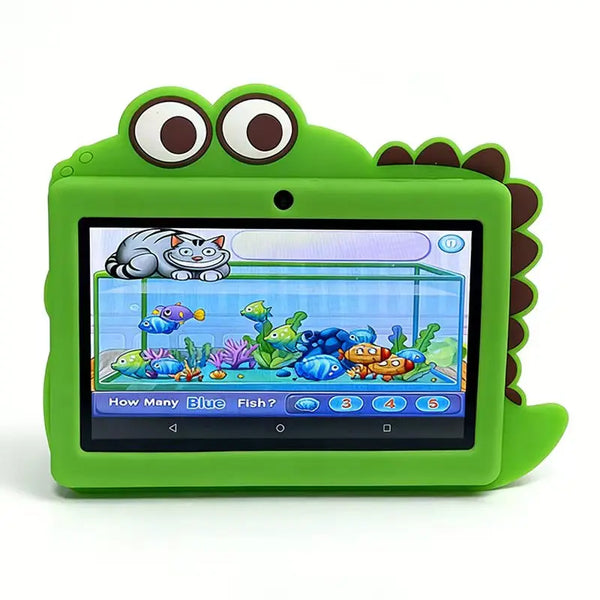 Q8 7-Inch Android 12 Kids Tablet displaying a colorful fish game on its screen.