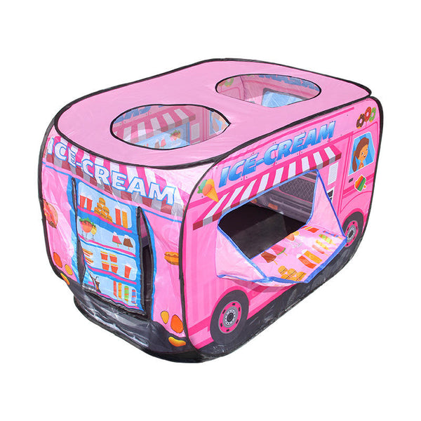 Indoor Outdoor Car Shaped Tent Playhouse in pink, resembling an ice cream truck, with windows for kids' playful adventures.