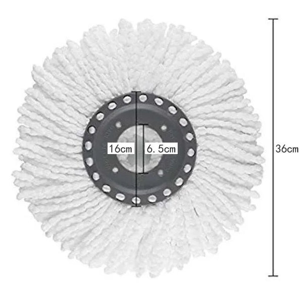 360 Degree Rotating Mop Head Replacement featuring a white mop head with dimensions for effective cleaning and rotation.
