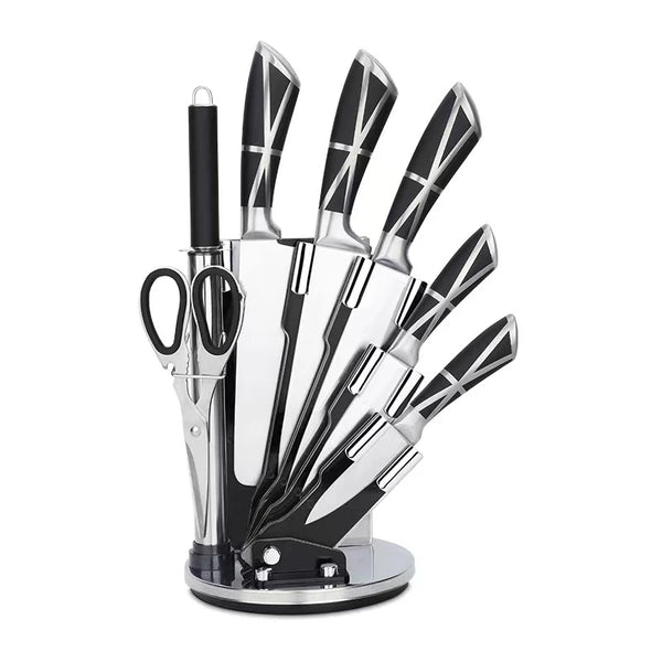 Stainless Steel 8 Piece Kitchen Knife Set displayed in a modern knife holder with scissors.