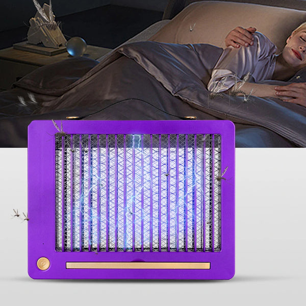 USB Electric Outdoor Mosquito Zapper Lamp eliminating insects while a person sleeps nearby