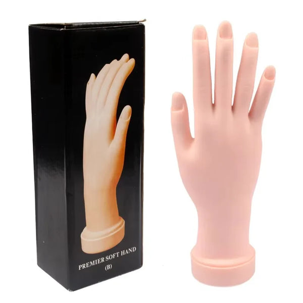 Flexible Soft Plastic Nail Art Practice Hand displayed next to its packaging in a studio setting.