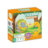 3 in 1 Portable Kids Tossing Game Board packaging featuring dinosaur design and contents overview.