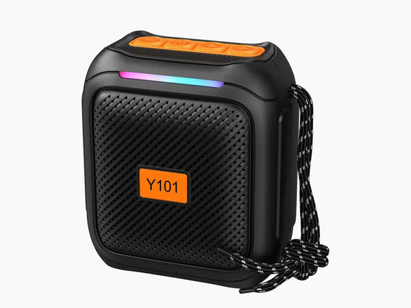 Portable Wireless Bluetooth Speaker in compact design with colorful LED lights and carrying strap.