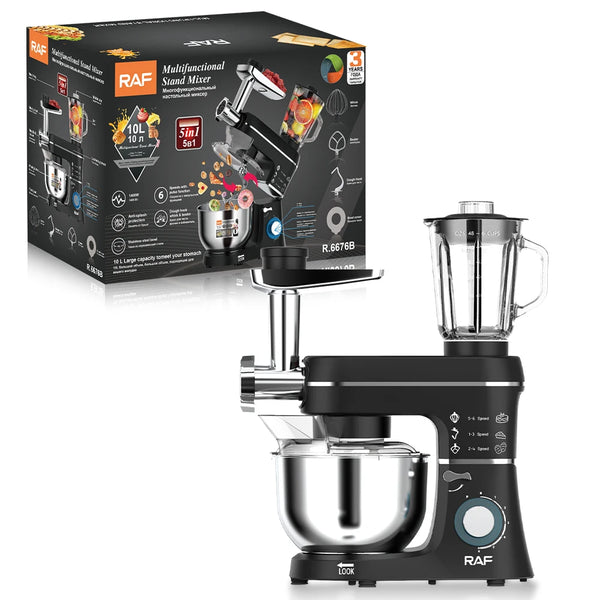 1400W Multifunction Stand Mixer with Meat Grinder next to its box, featuring a blender and various attachments.