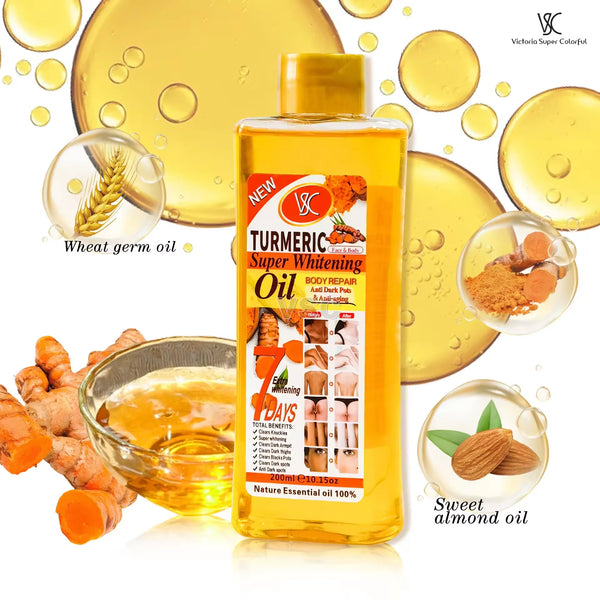 Turmeric Whitening Oil Dark Spot Remover bottle with ingredients like wheat germ and sweet almond oil.