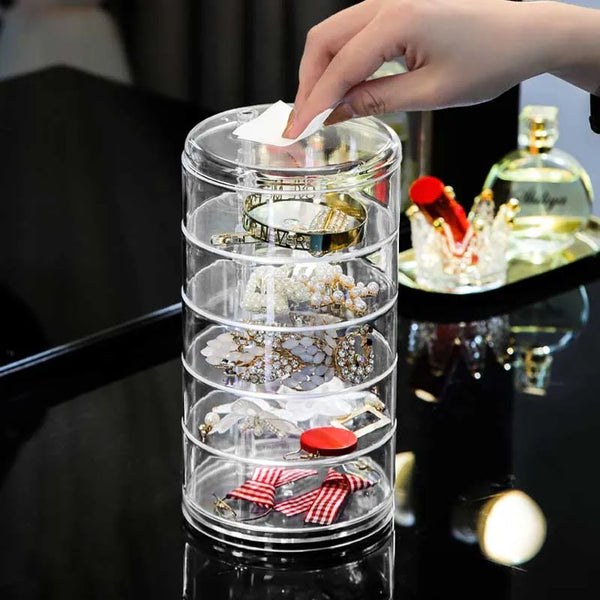 Clear 360 Rotatable Jewelry Box showing jewelry storage with rotating compartments and easy access.