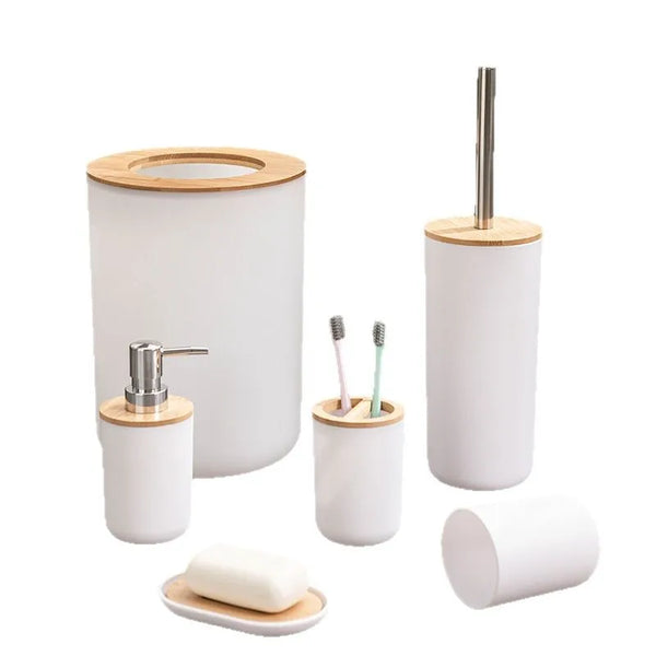 6-Piece Luxury Bathroom Accessories Set featuring bamboo accents and durable materials for a stylish washroom.