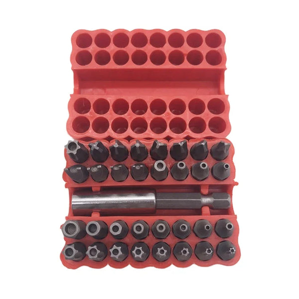 33-Piece Industrial Hand Tool Set organized in a red case with various essential hand tools and sockets.