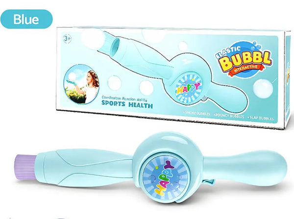 Elastic Magic Wand Smoke Bubble Machine in blue with box, creating mist-filled bubbles for outdoor fun.