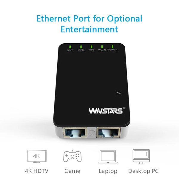 Pocket size 300Mbps WiFi Router Portable Long Range Extender with Ethernet port for entertainment.