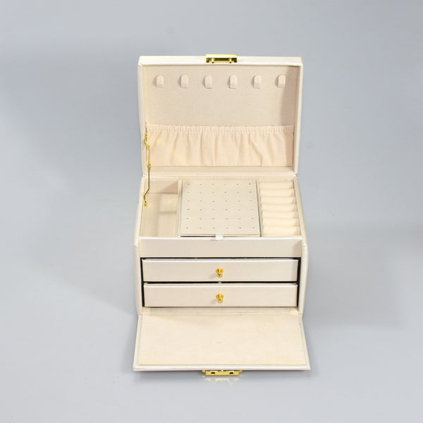Square Leather and Walnut Wood Jewelry Box with multiple compartments and drawers open for jewelry organization
