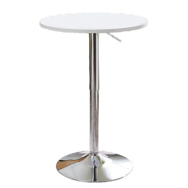 Adjustable Height Bar Table with Metal Round Top in white with chrome base, ideal for modern dining and entertaining.