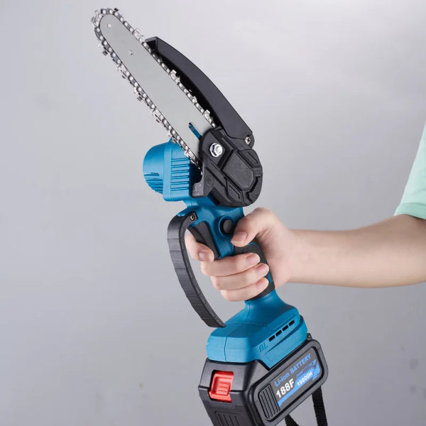 6-Inch Cordless Mini Lithium Electric Chainsaw held in one hand, showcasing its compact design and battery power.