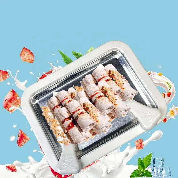 Delicious rolled ice cream with toppings displayed in the Mini Frozen Treat Maker on a colorful background.