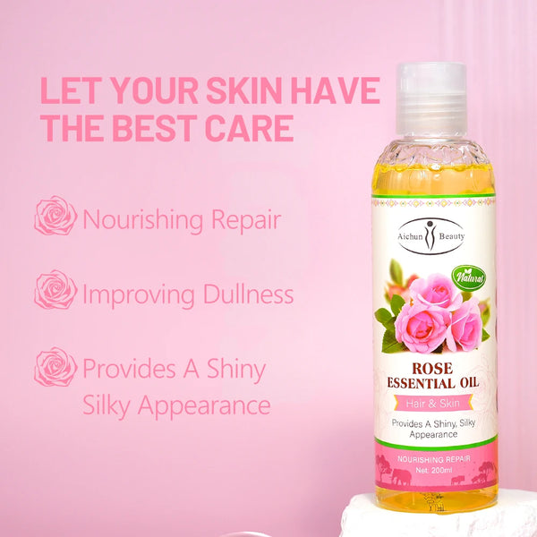 Pure Natural Rose Essential Oil bottle for nourishing hair and skin, enhancing beauty routine with a radiant glow.