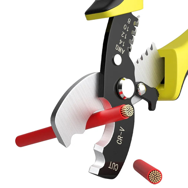 Universal Multi Function Cable Stripping Pliers cutting red wires with precision for electrical repairs.
