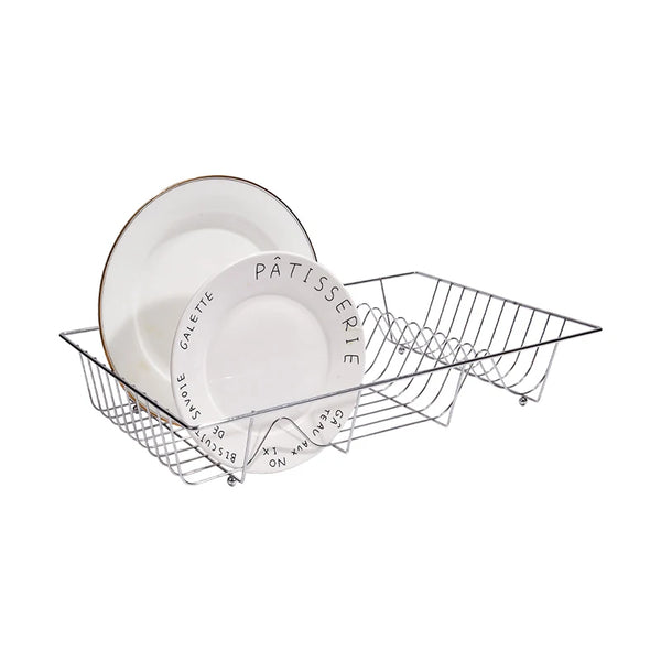 Metal Wire Dish Drying Rack with plates, ideal for drying dishes and keeping the kitchen organized.