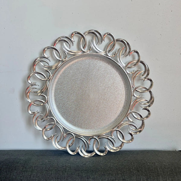 13 Inch Gold Wooden Textured Round Plastic Charger Plate elegantly styled with a decorative silver pattern, perfect for events.