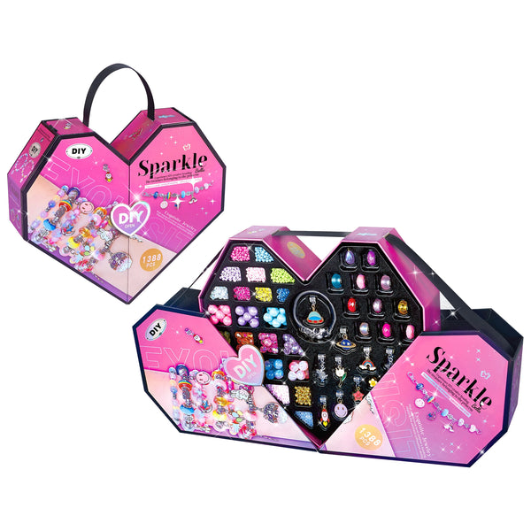 DIY Girls Bracelet Making Kit with Beads & Charms, colorful beads and charms in heart-shaped case.
