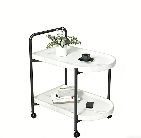2-Tier Marble-Effect Side Table on Wheels with Black Metal Frame featuring a plant and coffee cup.