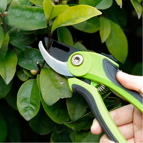 Garden Anti-Slip Handle Bypass Pruner trimming a branch among green leaves.