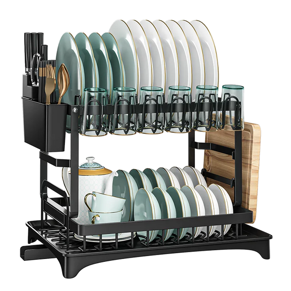 Double Layer Iron Dish Rack with Wine Glass Holder displaying dishes and glassware in a stylish, space-saving design.
