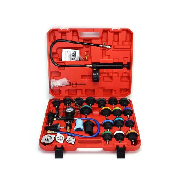 28 Piece Universal Radiator Pressure Tester Kit with tools and case, designed to test and diagnose cooling system leaks.