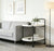 2-Tier Marble-Effect Side Table on Wheels with Black Metal Frame beside a sofa in a modern living room.