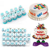 Alphabet & Numbers Cookie Cutter Set including various letter and number cutters and decorated birthday cakes.